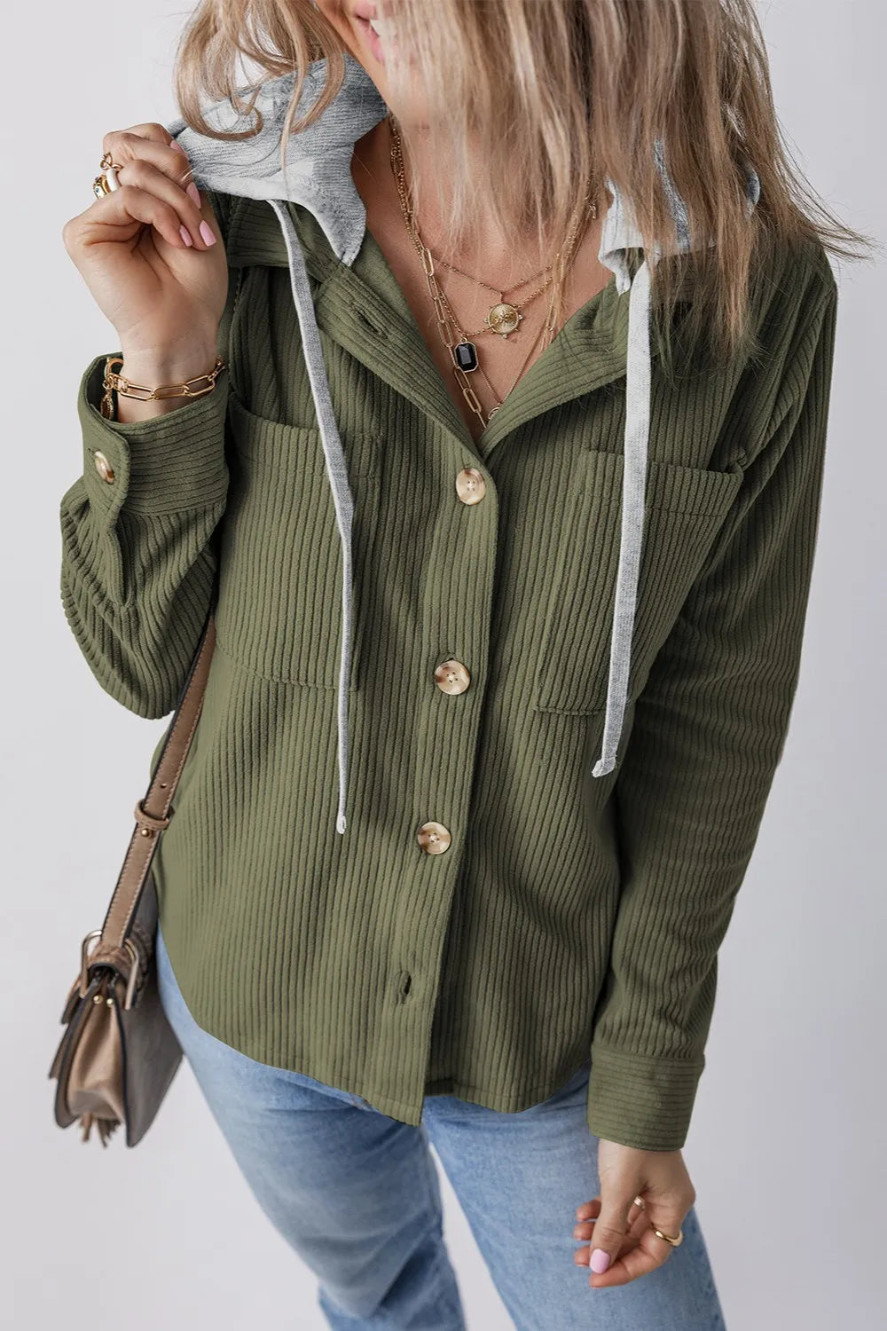 Drawstring Button Up Long Sleeve Hooded Jacket in Moss