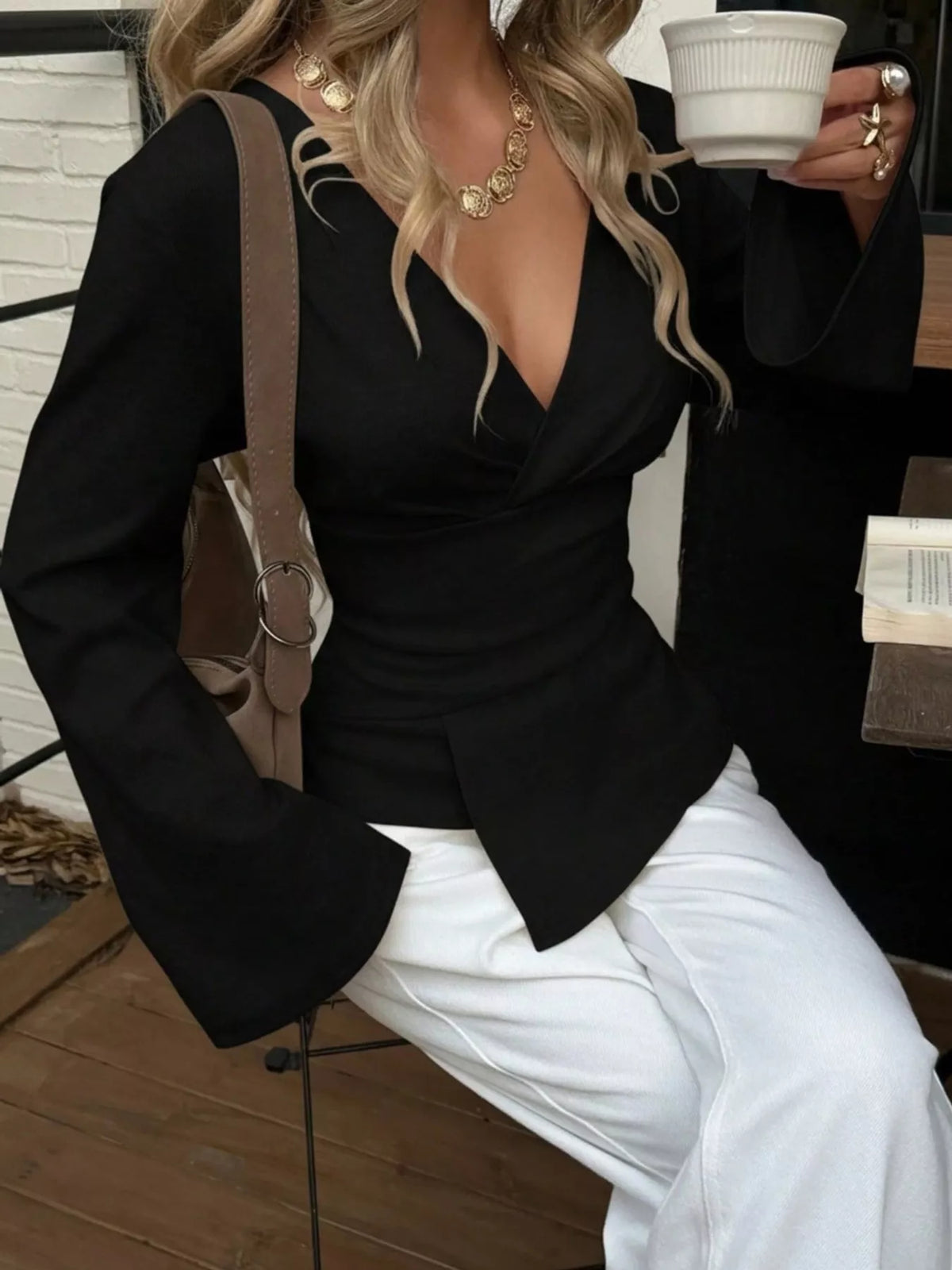 Elegant V-Neck Wrap Asymmetrical Blouse with Flared Sleeves, view 3