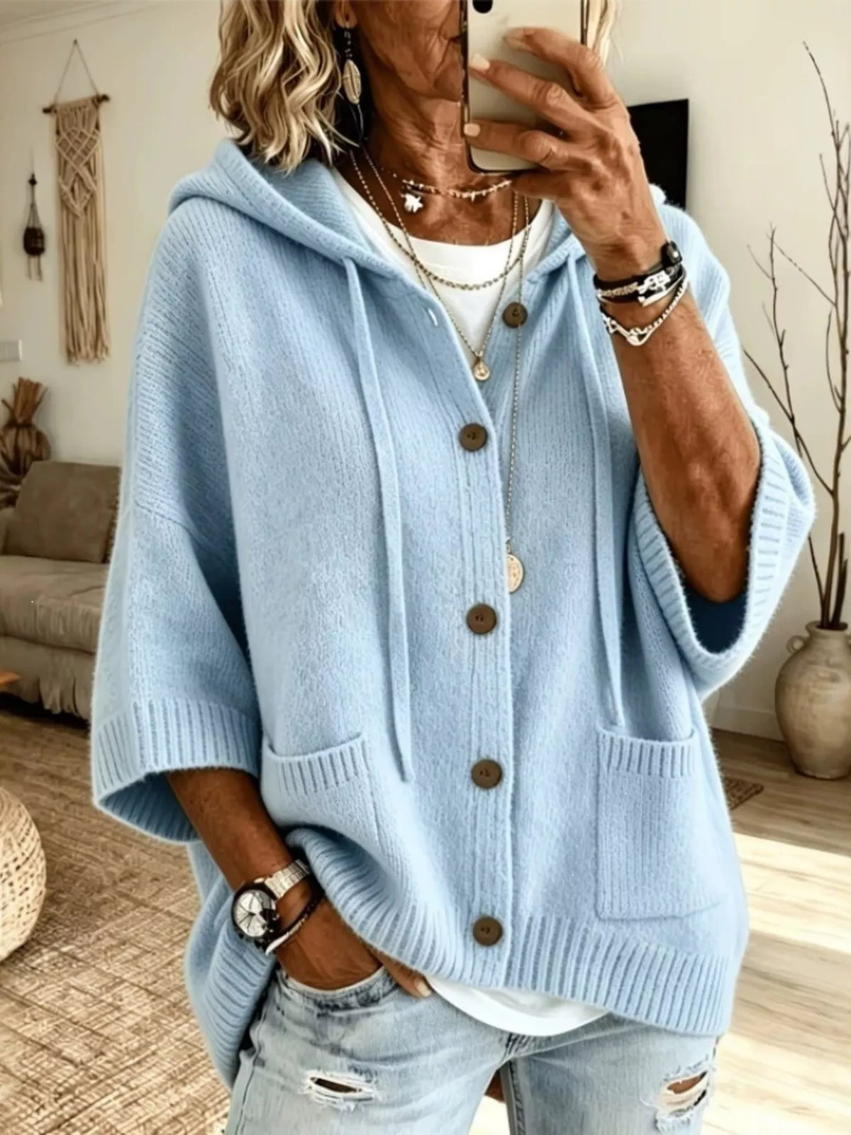 Full Size Hooded Button-Down Knit Cardigan Plus Size in Light Blue