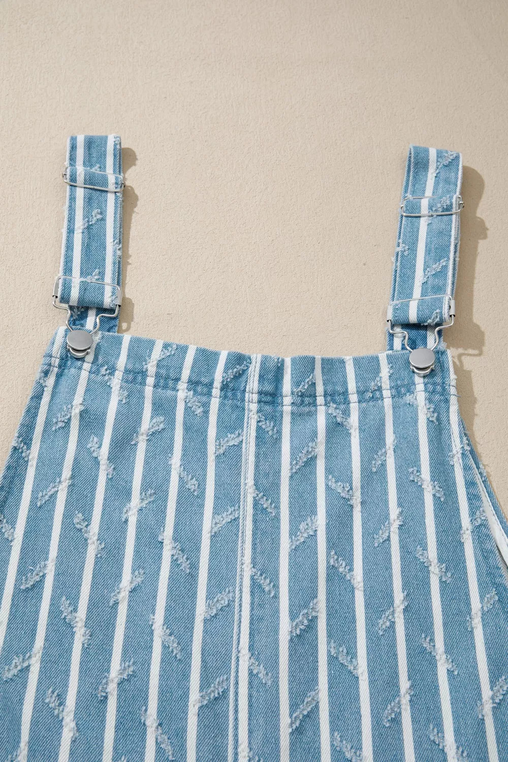 Striped Distressed Ruffled Wide Leg Denim Overalls in Light Blue, view 7