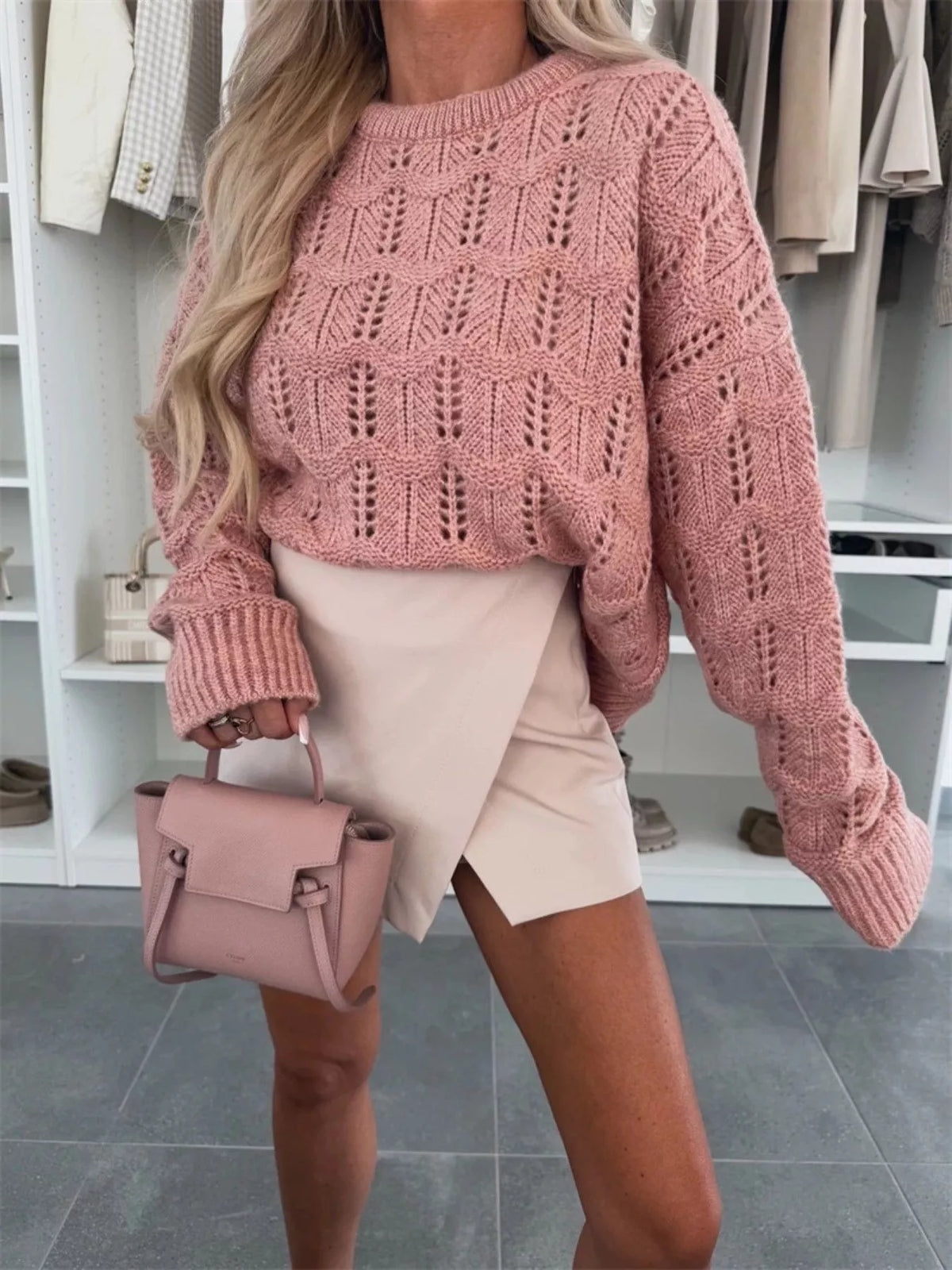 Openwork Round Neck Sweater - Lilixa.store