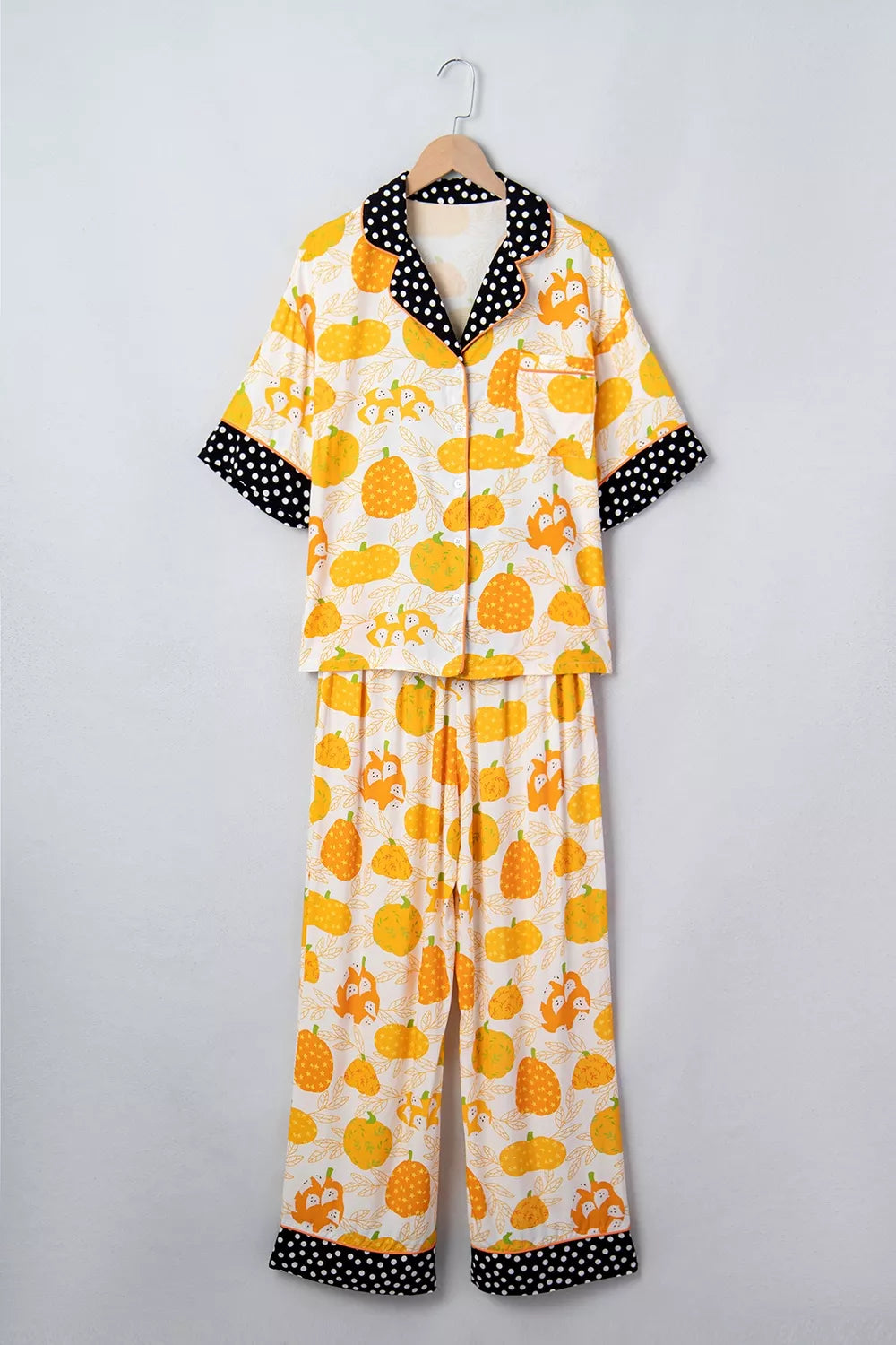 Short Sleeve Pumpkin Print Polka Dot Trim Pocket Placket Lounge Set - Lilixa.store