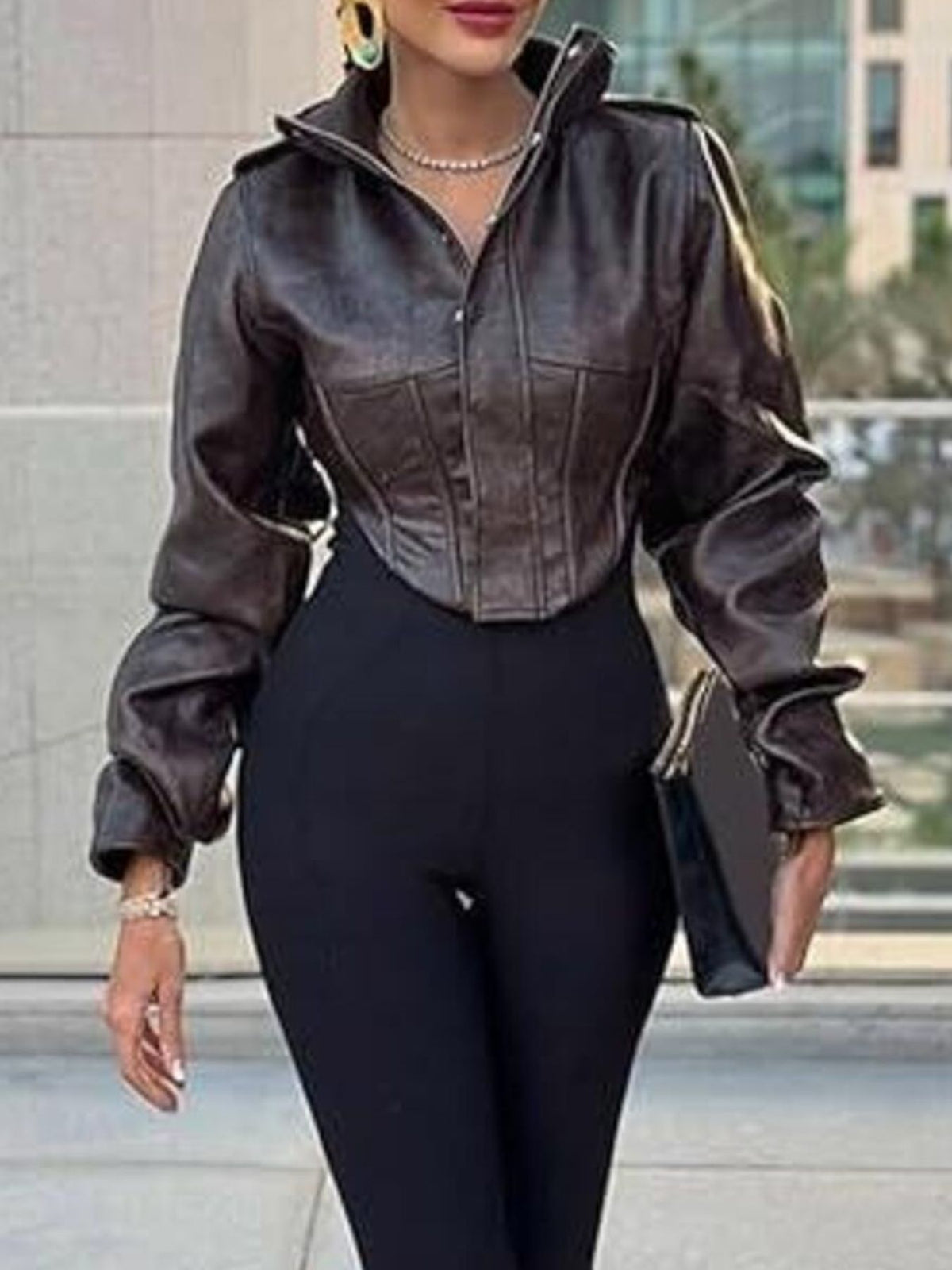 Vintage Style Slim Fit Leather Jacket in Brown, view 3