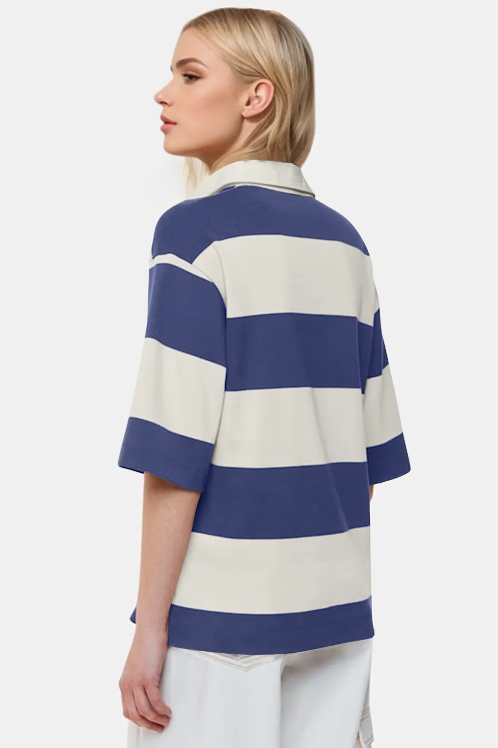 Oh Pima Cotton Wash Color Block Johnny Collar Half Sleeve Top - Lilixa.store