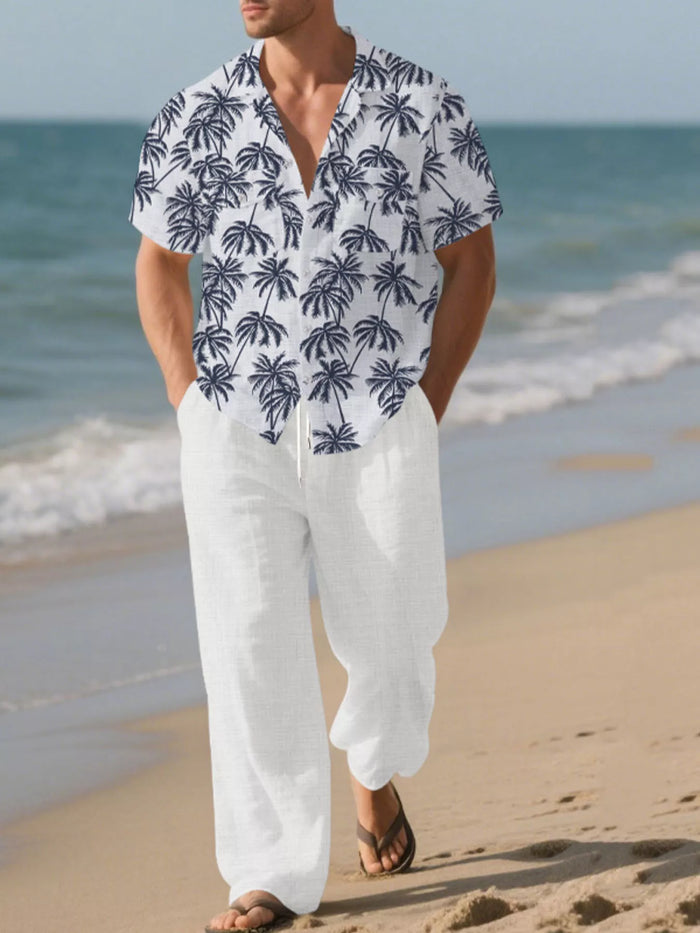 Men's Full Size Tropical Palm Print Button Up Shirt and Pants Set Plus Size - Lilixa.store