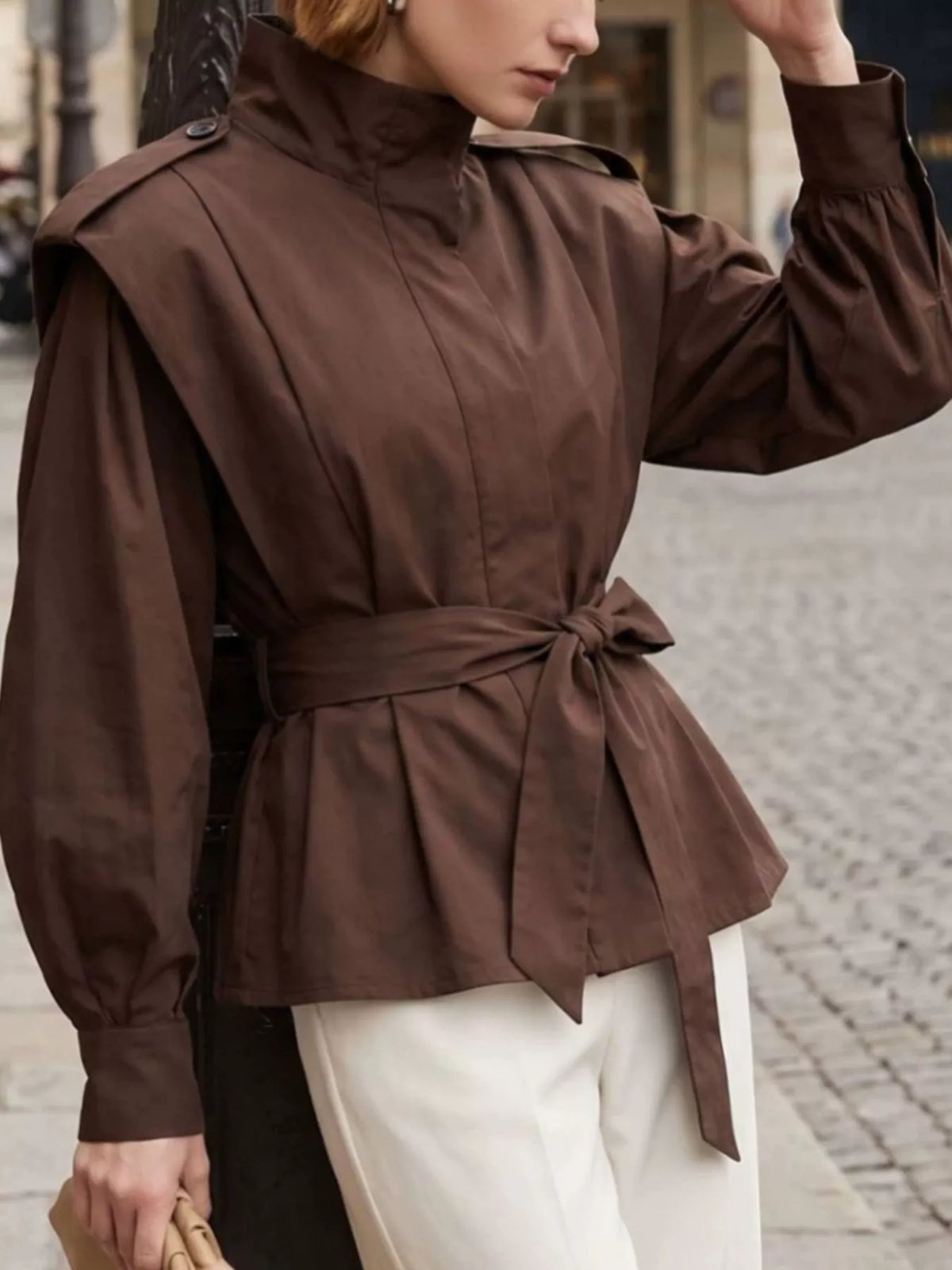 Stand-Collar Belted Outerwear - Lilixa.store