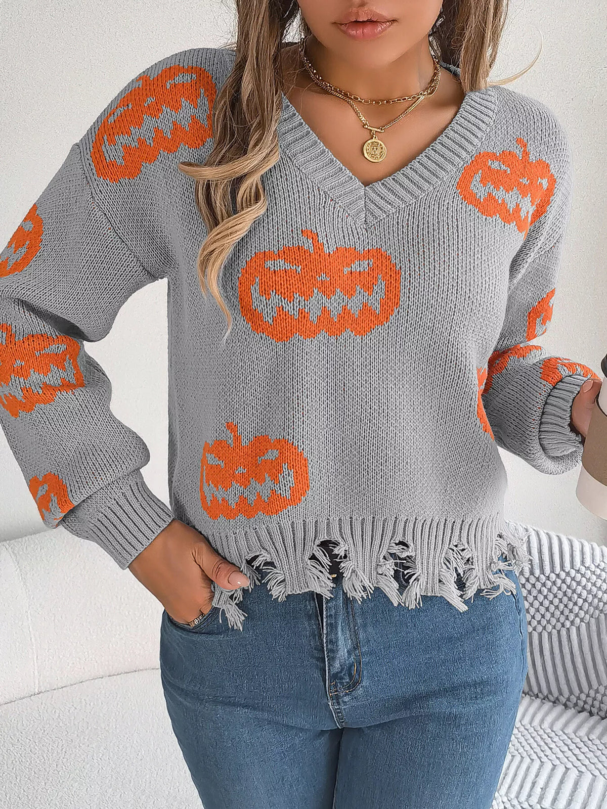 Pumpkin Distressed Hem Sweater