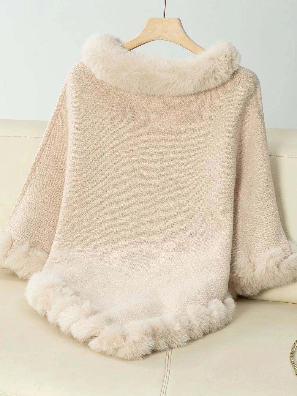 Fuzzy Trim Texture Three-Quarter Sleeve Poncho - Lilixa.store