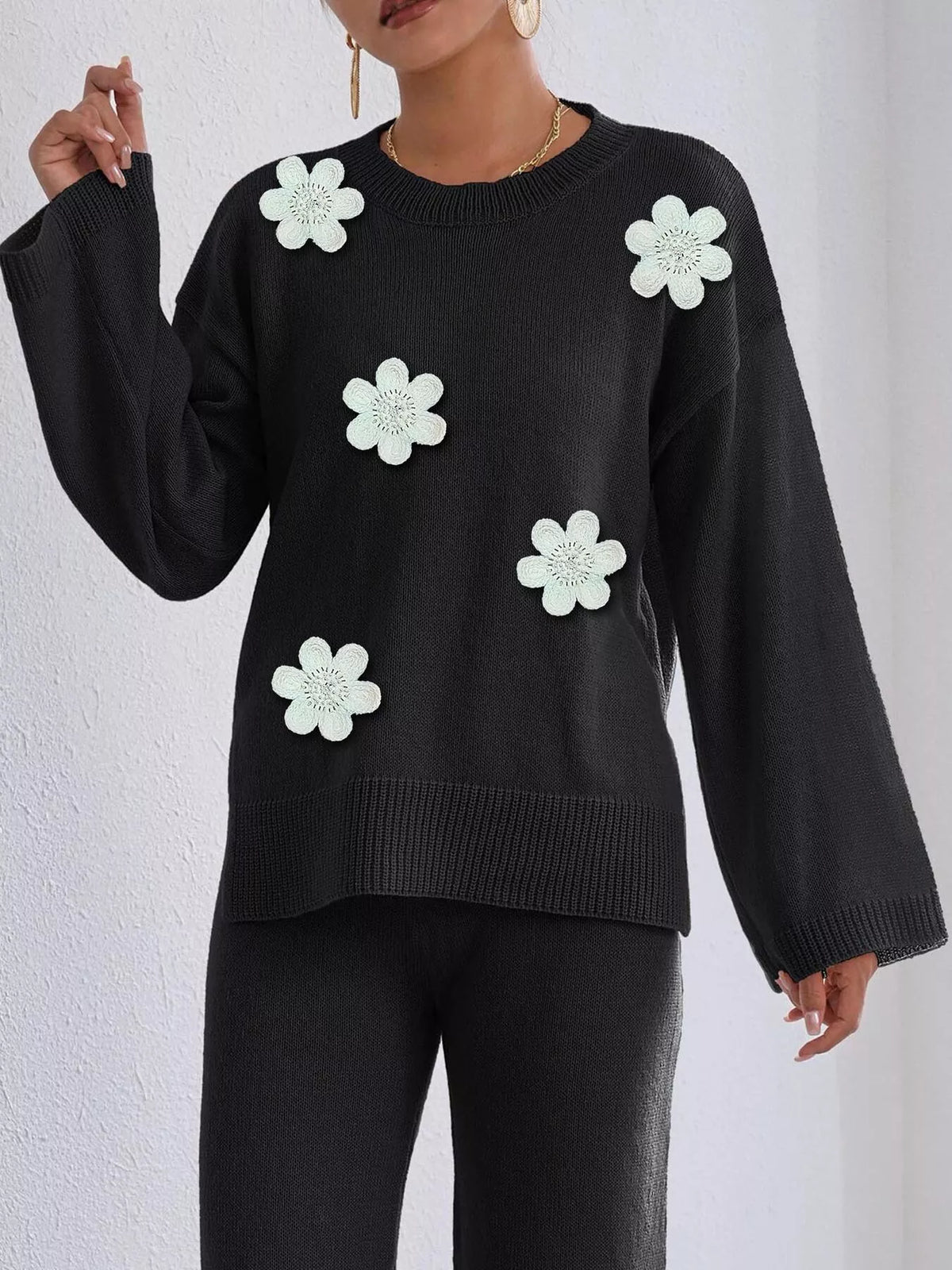 Floral Applique Crew Neck Sweater - Lilixa.store