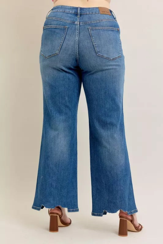 Judy Blue Full Size High Waist Tummy Control Chew Hem Destroy Wide Jeans Plus Size - Lilixa.store