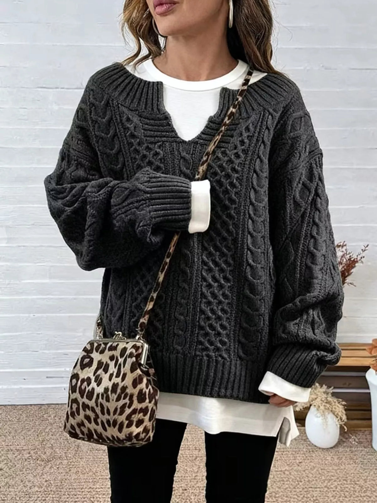 Full Size Cable Knit Dropped Shoulder Sweater Plus Size