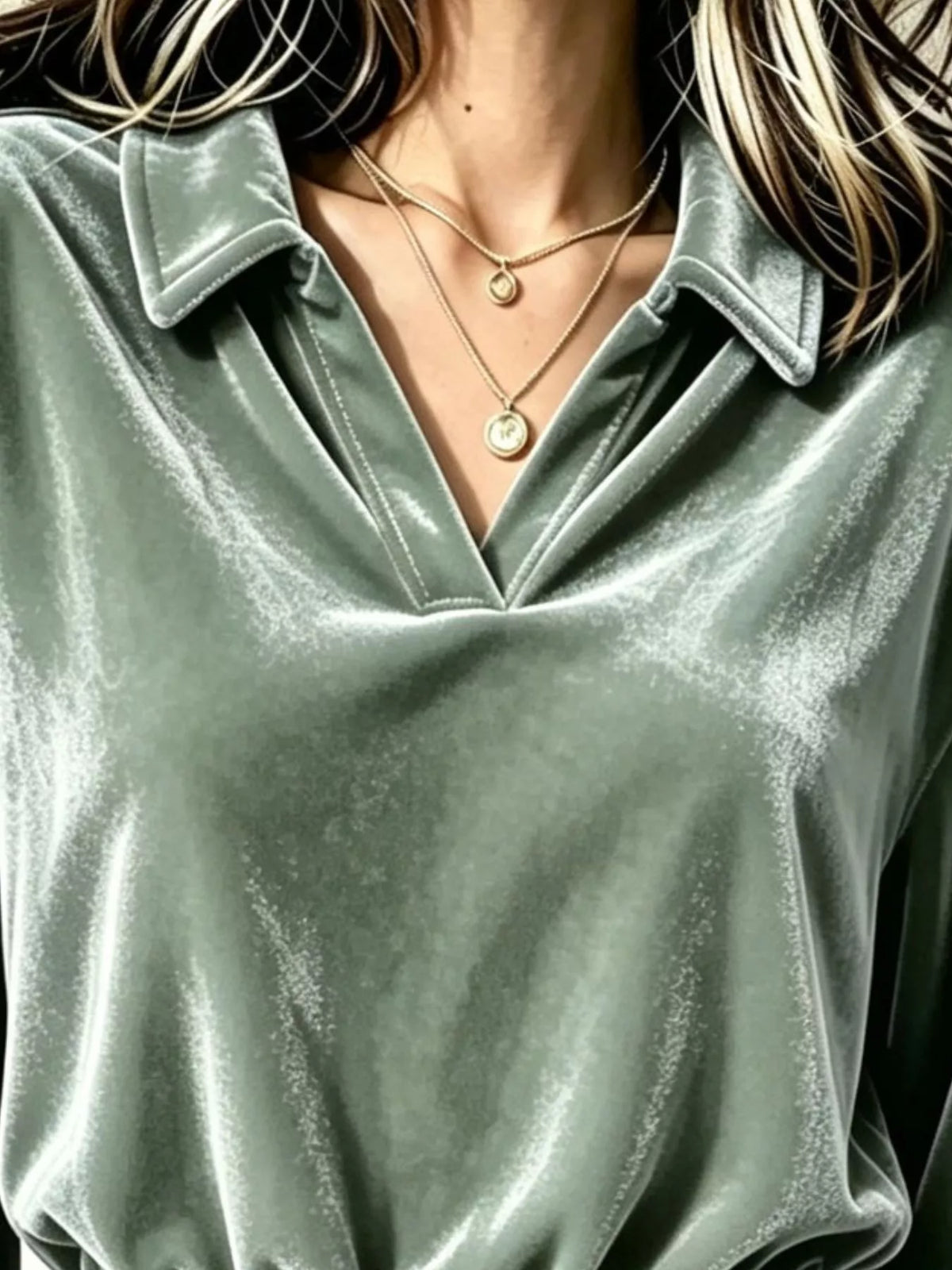 Velvet Johnny Collar Long Sleeve Blouse, view 6