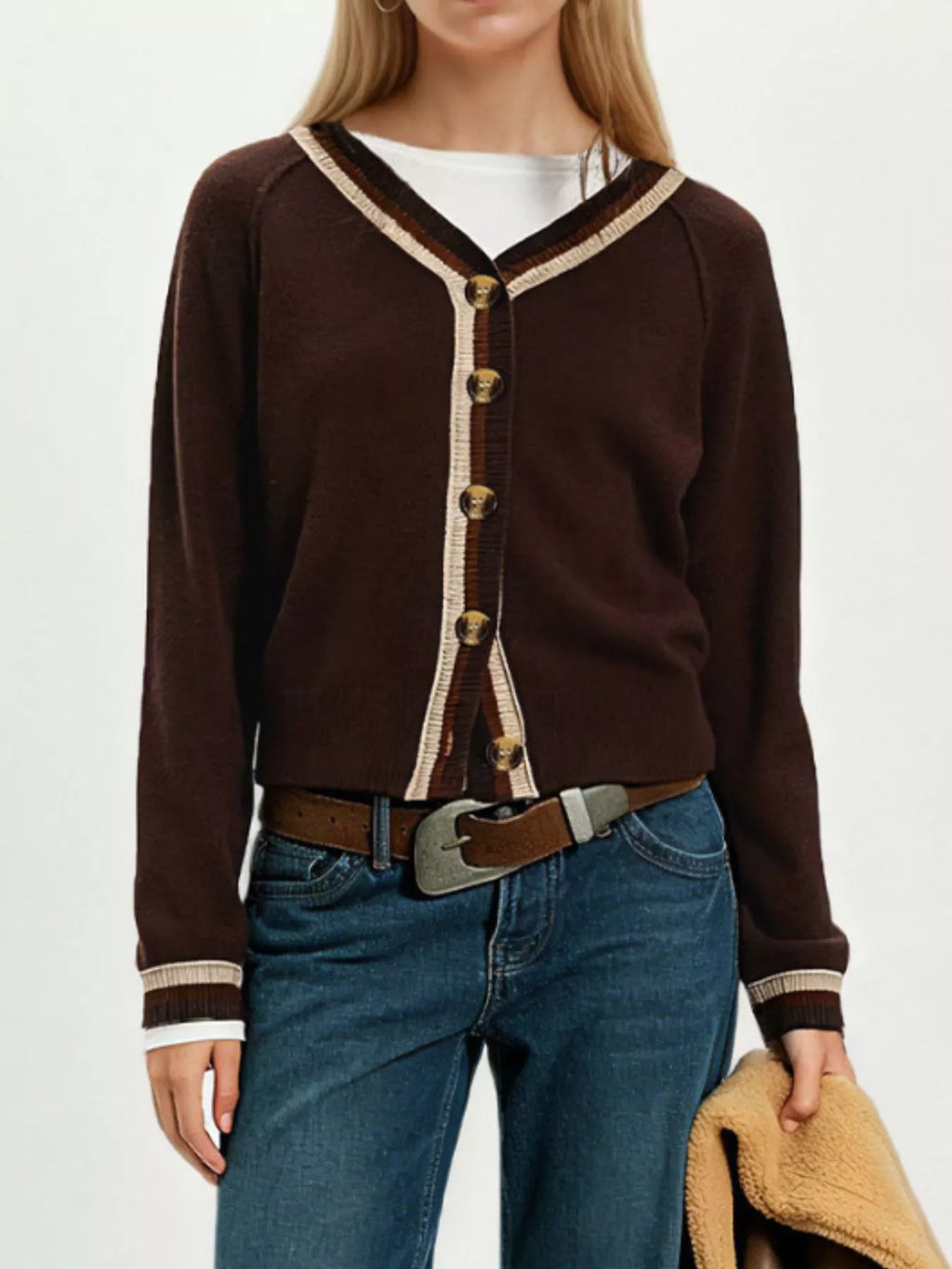 Striped Trim Button-Down Cardigan - Lilixa.store