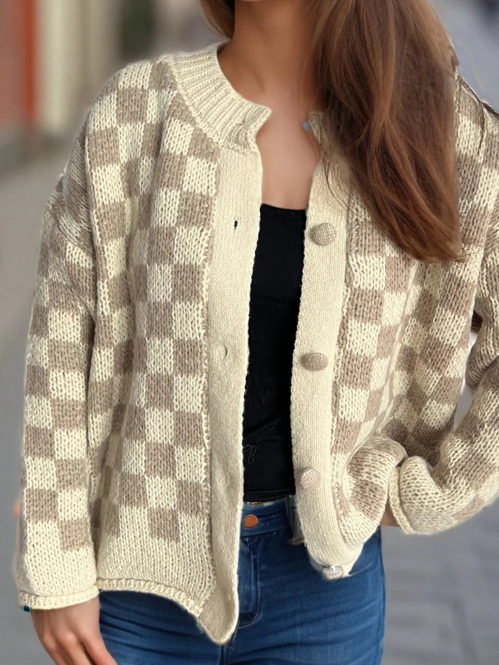 Checkered Button Up Round Neck Cardigan - Lilixa.store