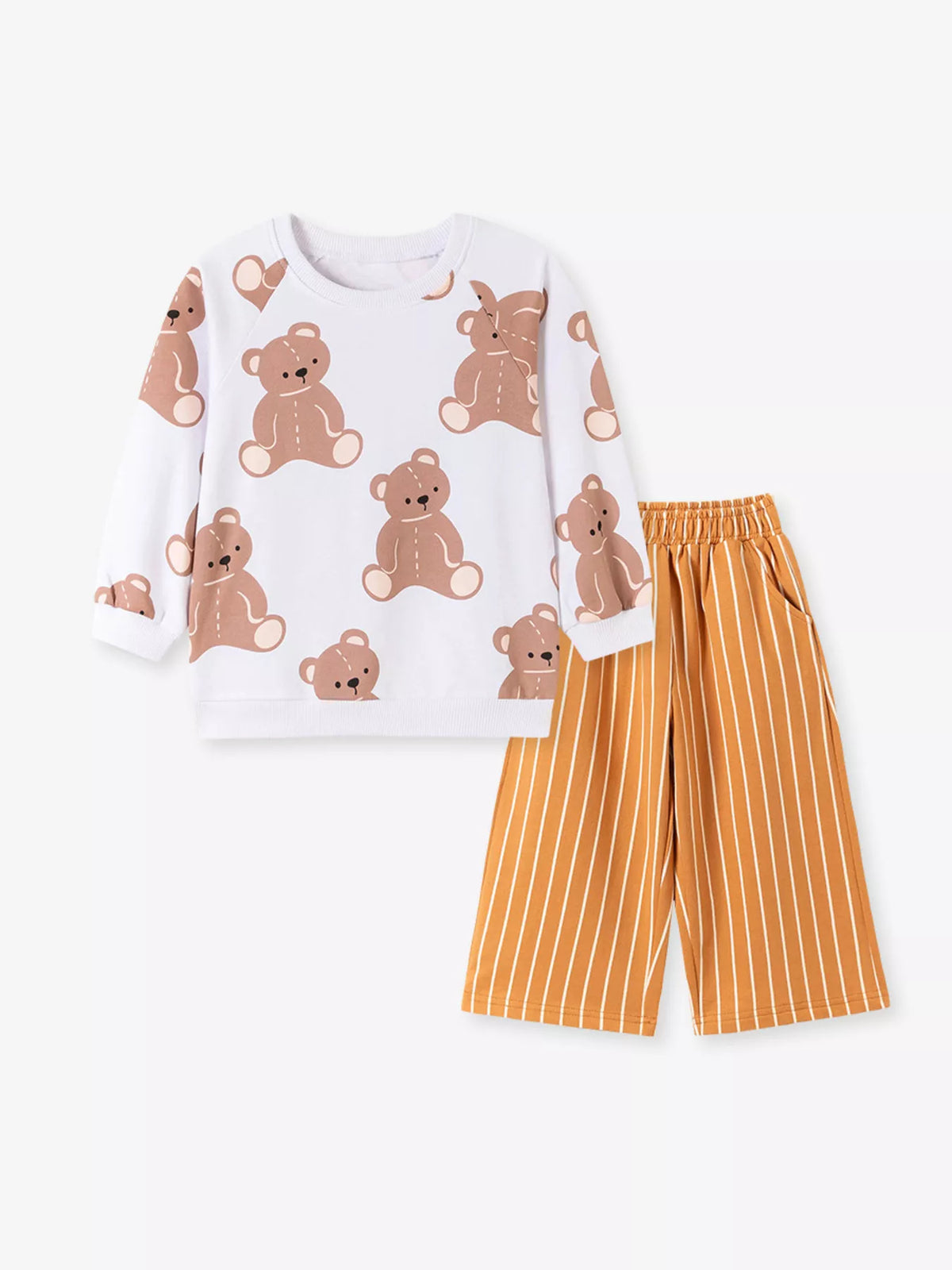 Children's Bear Print Sweatshirt and Striped Wide-Leg Pants Set in White, view 2