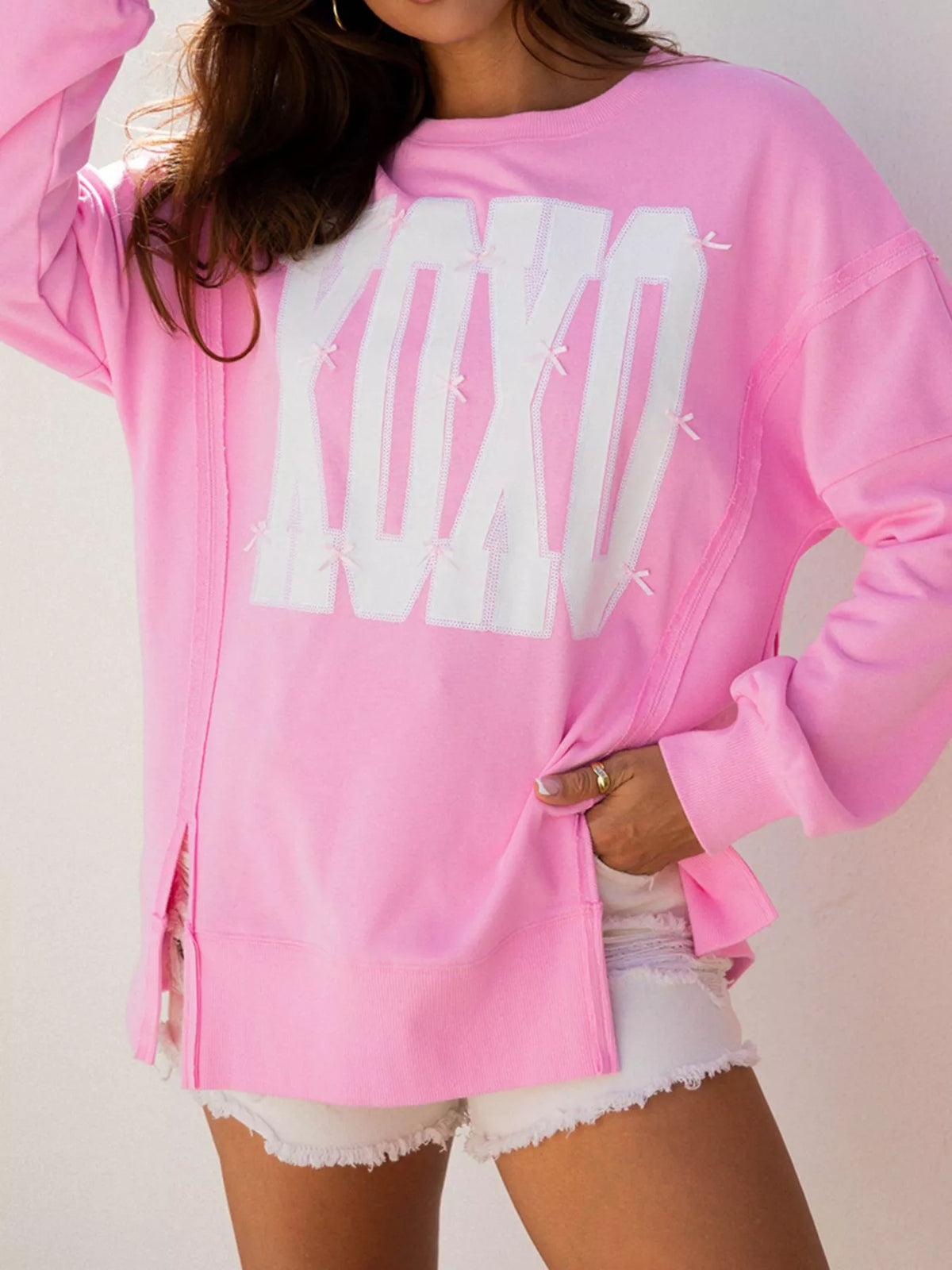 Sequin XOXO Letter Graphic Exposed Seam Baggy Sweatshirt - Lilixa.store