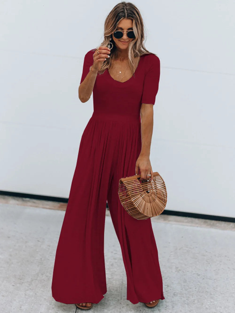 Scoop Neck Short Sleeve Jumpsuit - Lilixa.store
