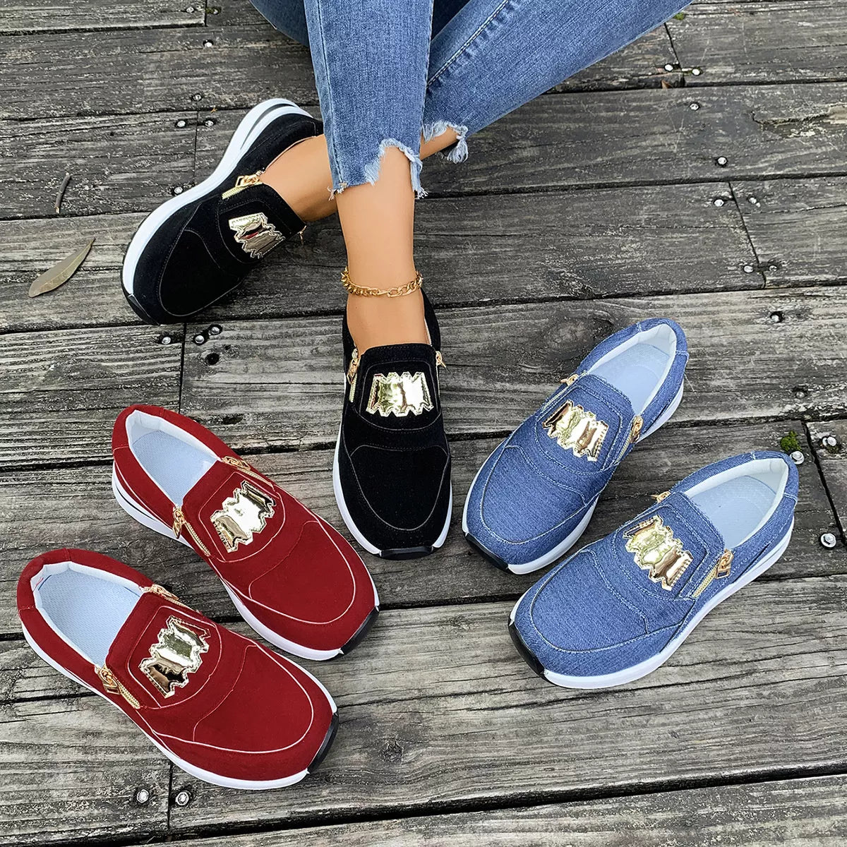 Round Toe Platform Slip-Ons in Black