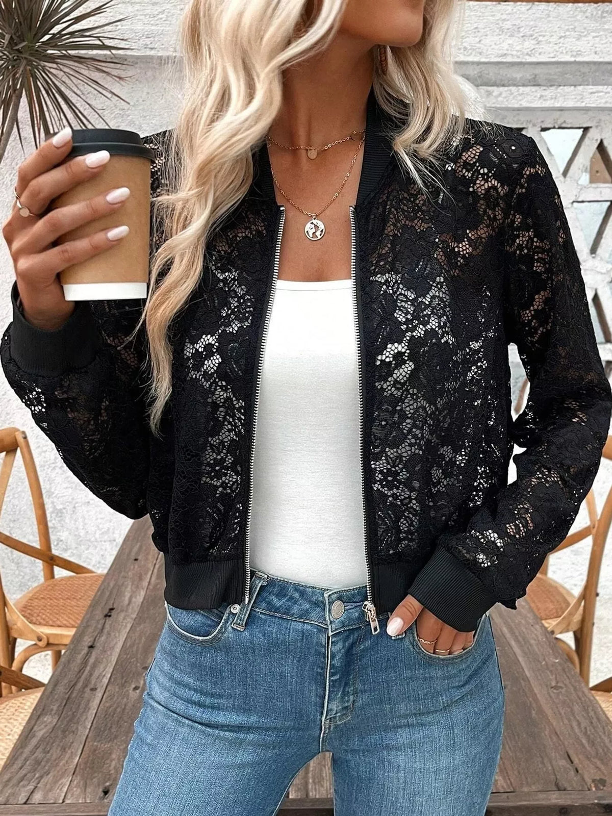 Sheer Lace Zip Up Jacket in Black