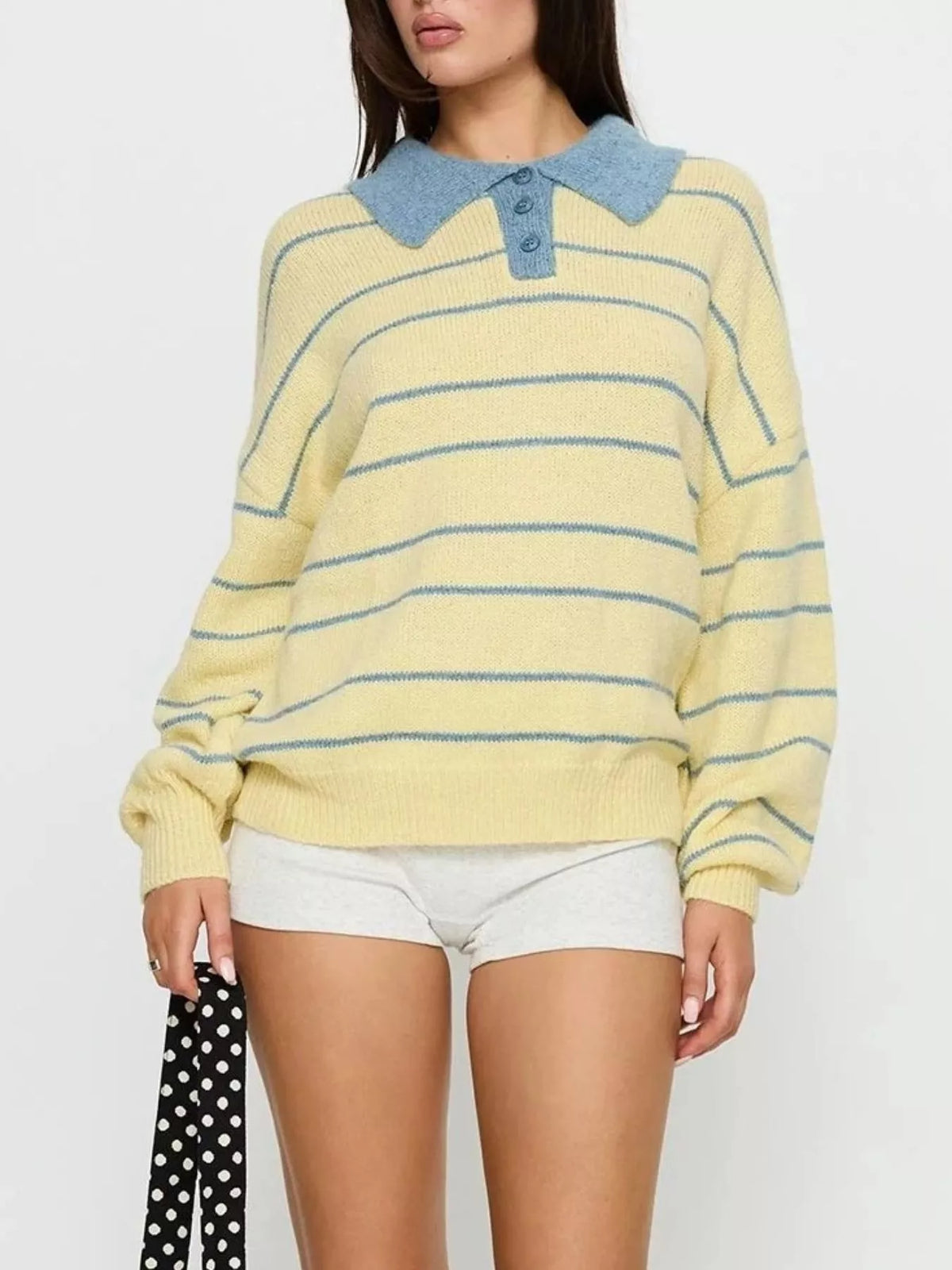 Striped Polo Collar Long Sleeve Sweater