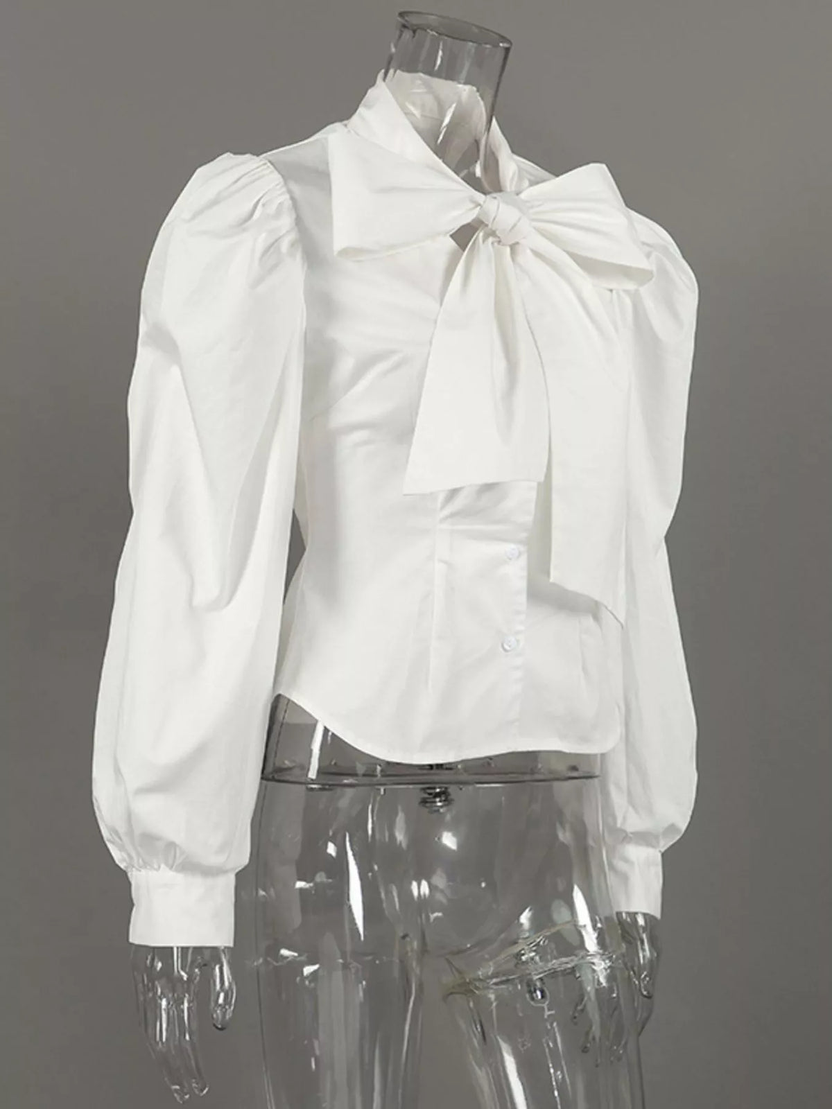 Bow Tie Puffed Sleeves Blouse in White, view 7