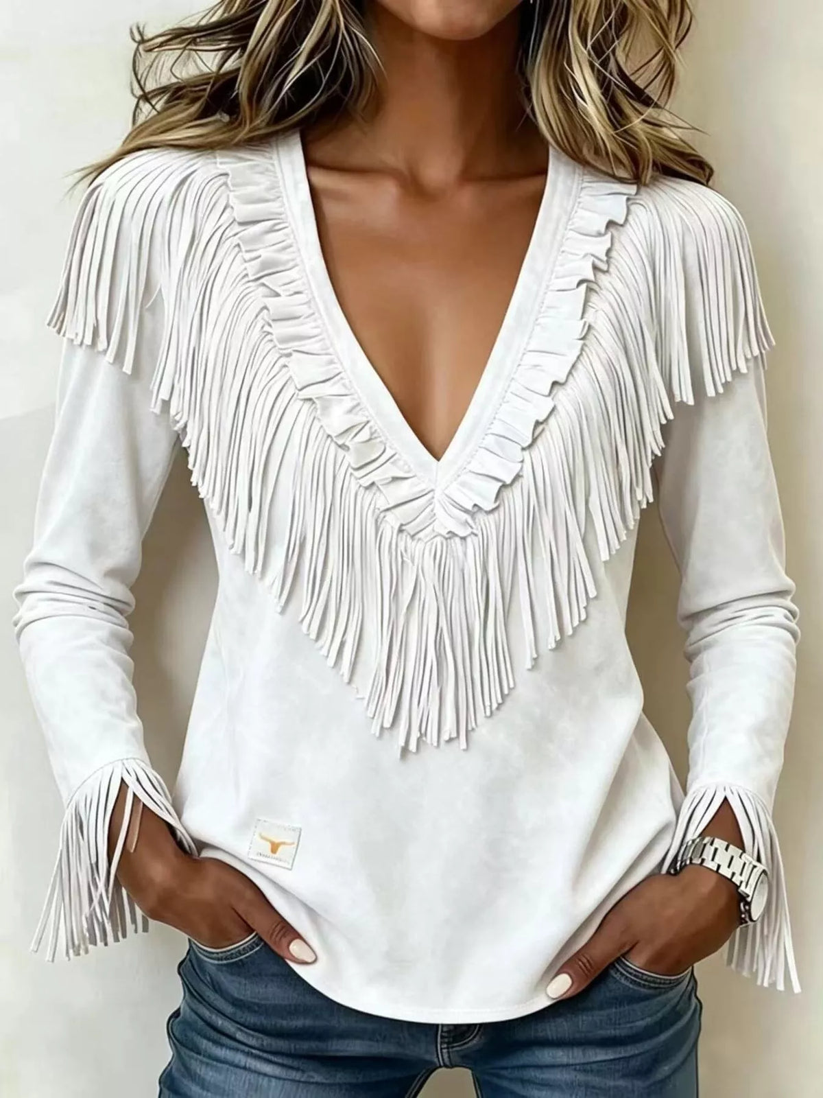 Fringed V-Neck Blouse