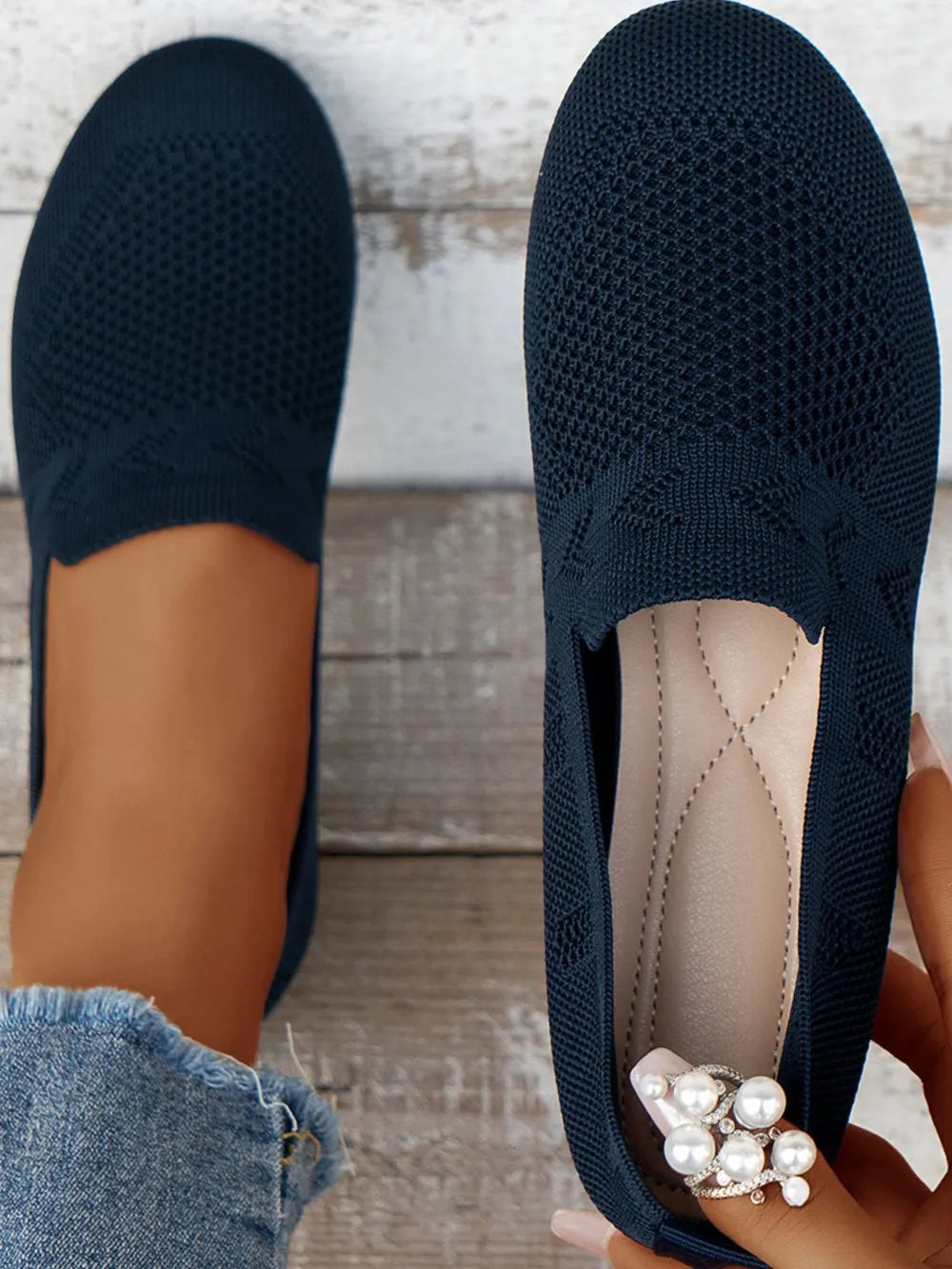 Mesh Round Toe Flat Slip-Ons in Dark Navy