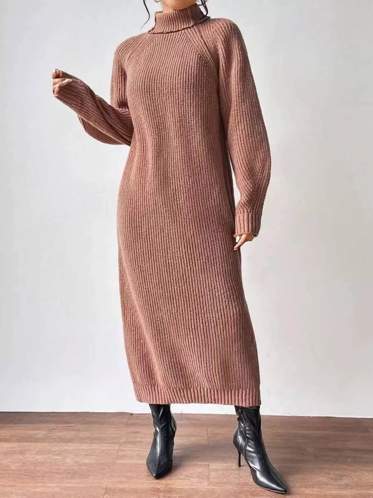 Turtleneck Ribbed Knit Midi Sweater Dress
