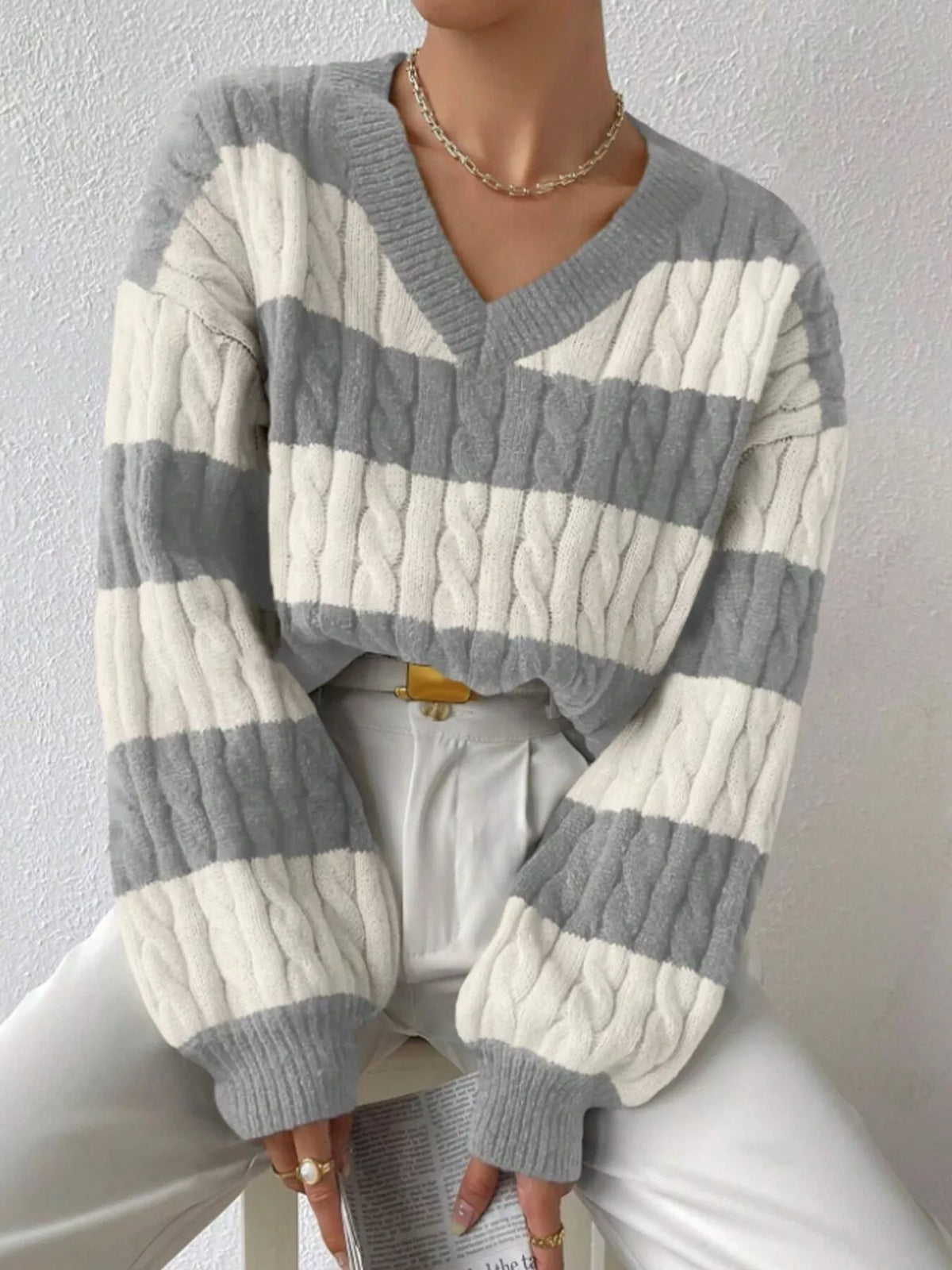 V-Neck Striped Cable Knit Sweater