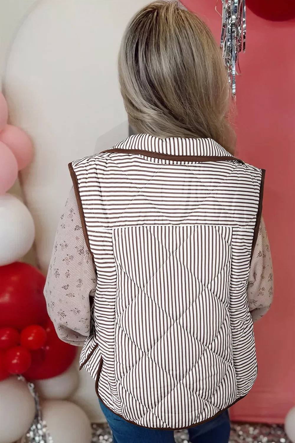 Stripe Quilted Wavy Hem Snap Button Vest - Lilixa.store
