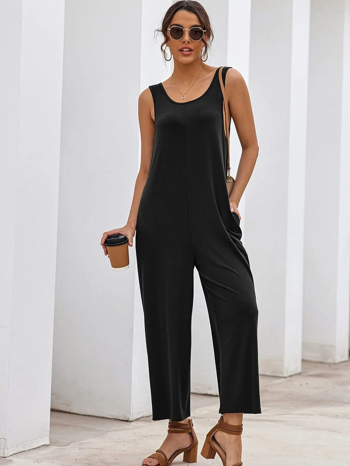 Sleeveless Wide Leg Casual Jumpsuit in Black