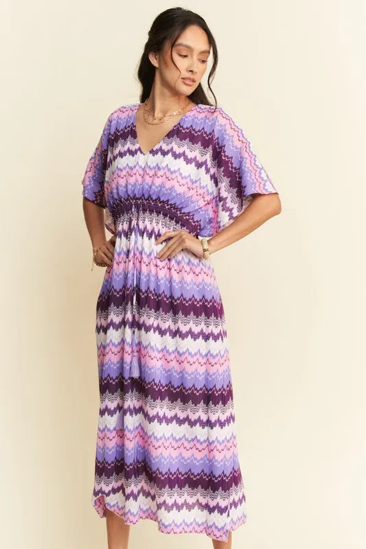 Davi & Dani Multi Color Wavy Tie Waist Flowy Sleeve Dress - Lilixa.store