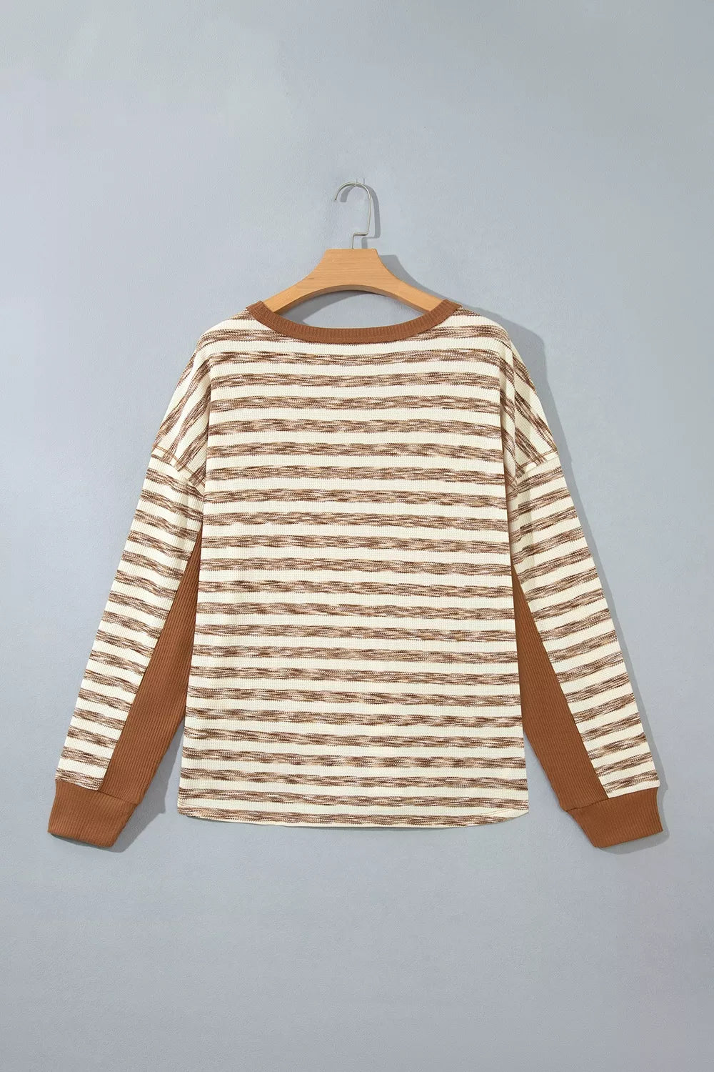 Stripe Textured Knit Color Block Trim Long Sleeve Round Neck Top - Lilixa.store