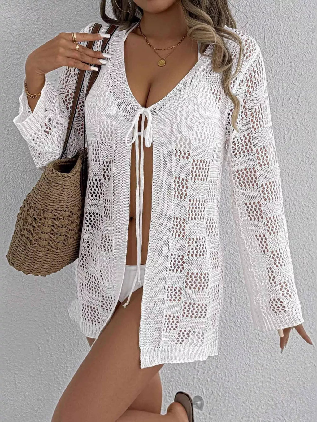 Crochet Knit Tie Front Cover-Up - Lilixa.store