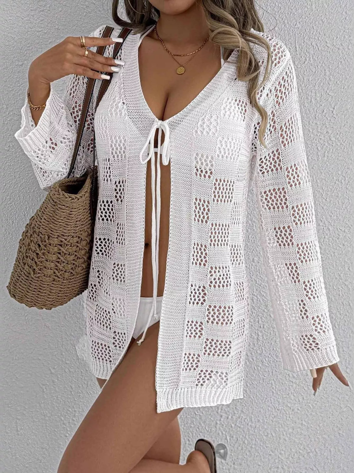 Crochet Knit Tie Front Cover-Up - Lilixa.store