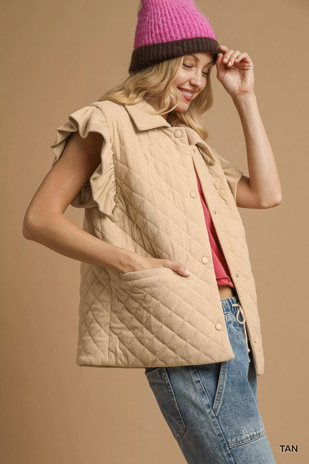 Umgee Corduroy Quilted Ruffle Sleeve Vest - Lilixa.store
