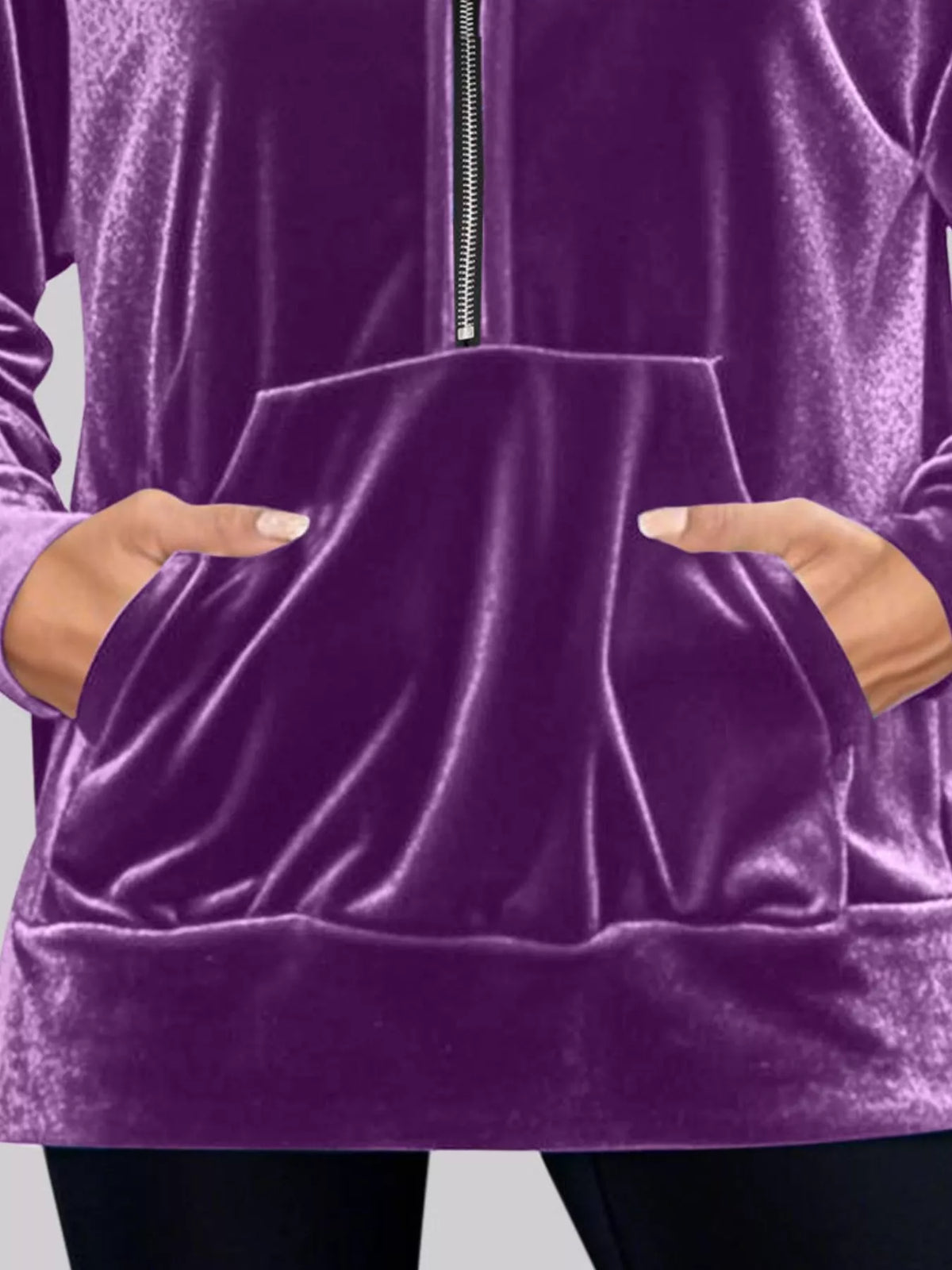 Full Size Velvet Half Zip Hoodie with Kangaroo Pocket Plus Size - Lilixa.store