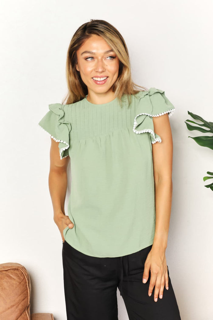 Perfee Pleated Detail Flutter Sleeve Blouse in Light Green
