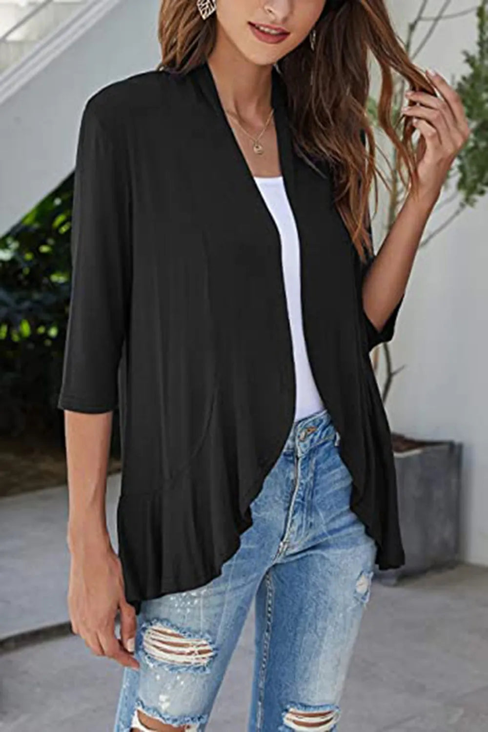 Open Front Three-Quarter Sleeve Cardigan in Black