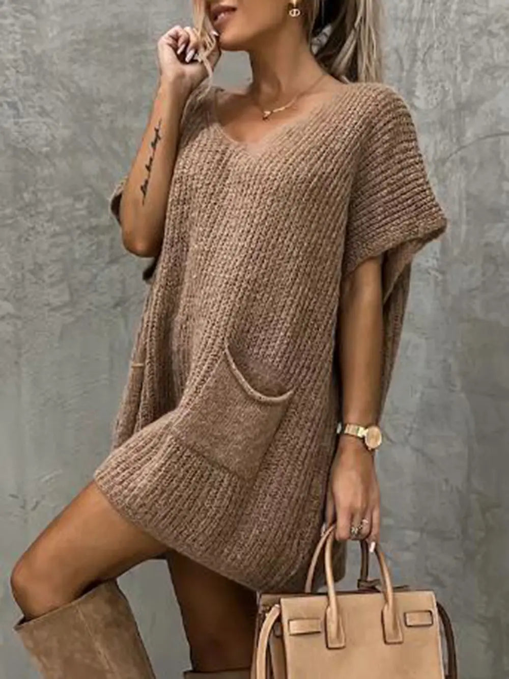 V-Neck Short Sleeve Sweater with Pockets, view 2
