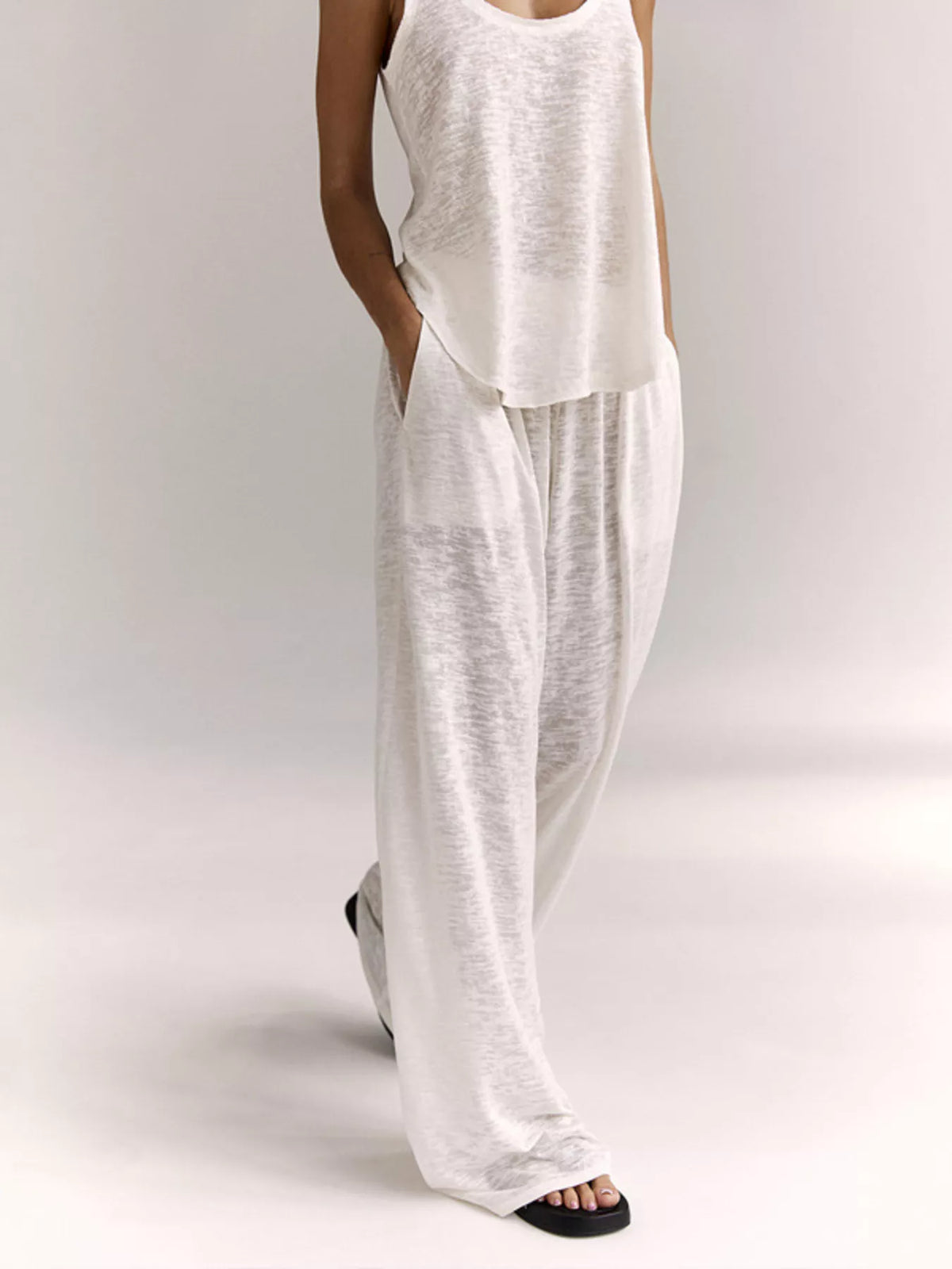 Wide Strap Tank and Pants Lounge Set in White, view 4