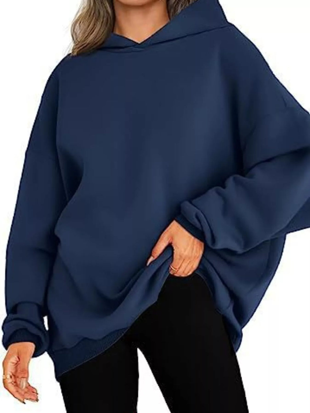 Drop Shoulder Long Sleeve Hoodie in Navy Blue