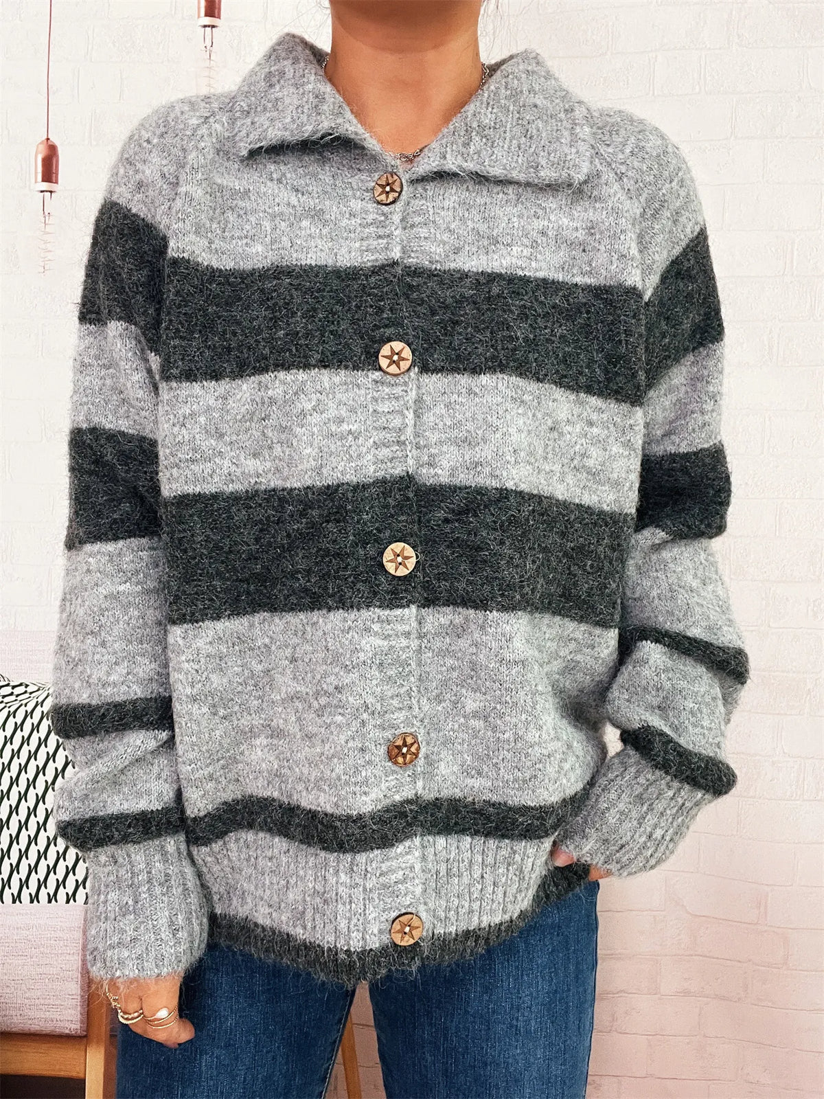 Striped Button-Up Cozy Cardigan - Lilixa.store