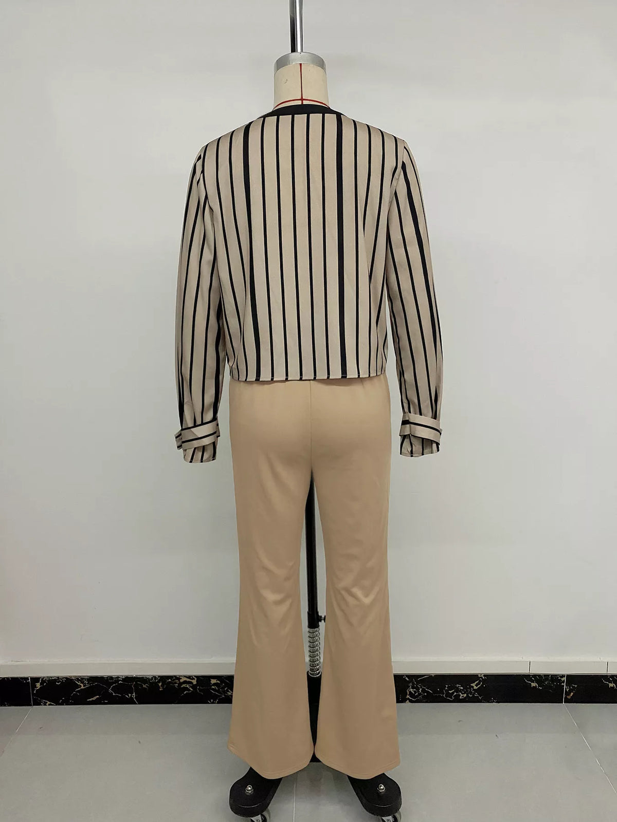 Striped Button-Down Shirt and High-Waisted Flare Pants Set in Khaki, view 19