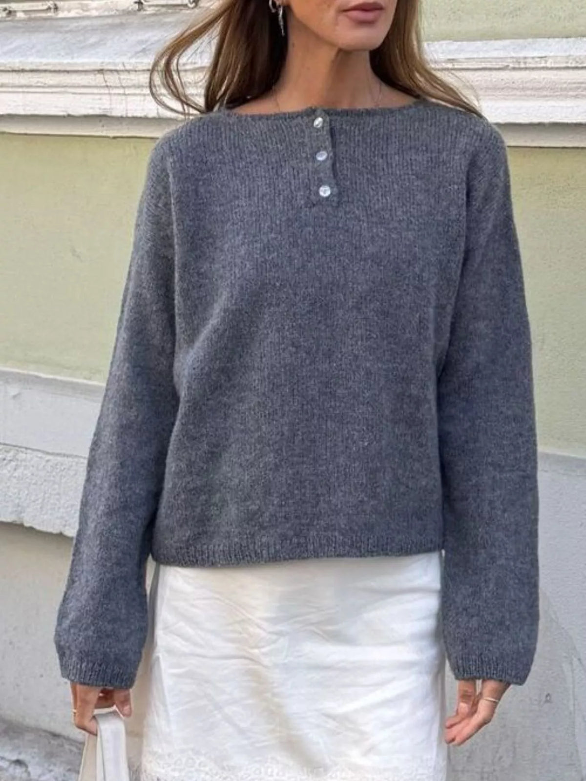 Button-Placket Round Neck Drop Shoulder Knit Top, view 2