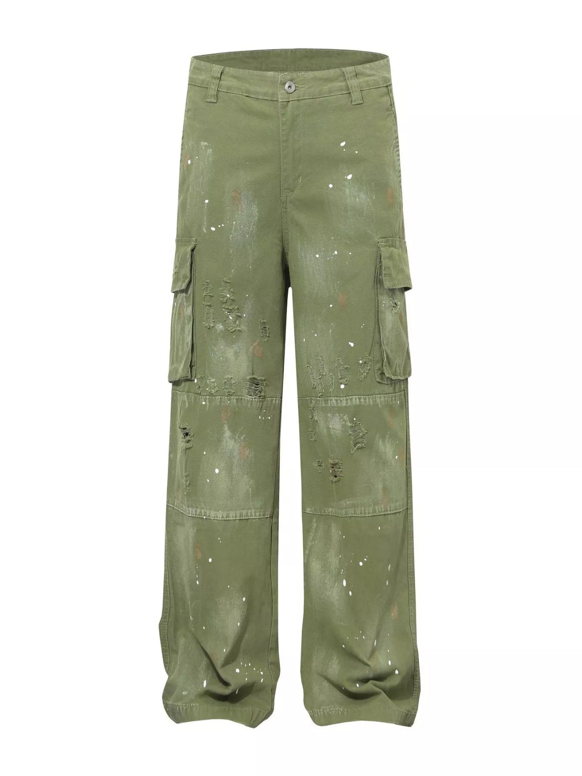 Men's Distressed Cargo Pants with Paint Splatter in Moss