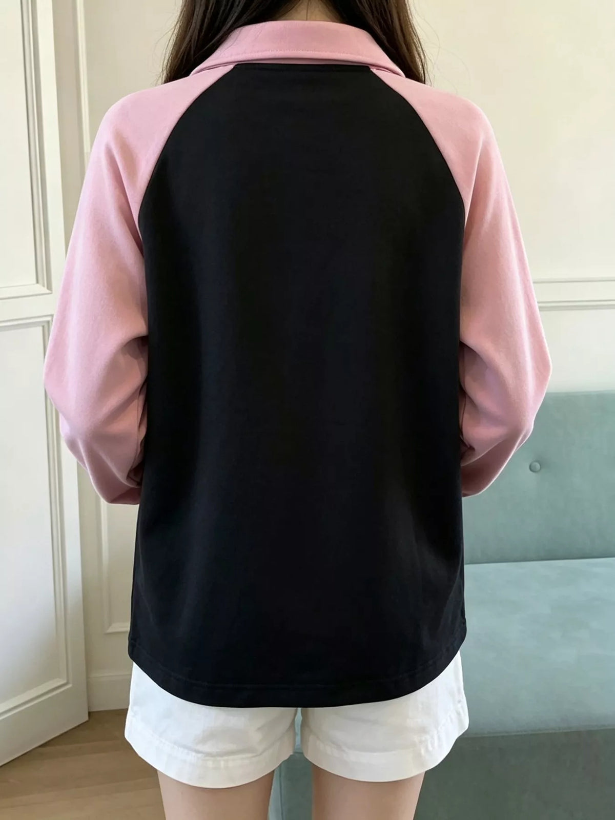 Heart Embroidery Lace-Up Detail Polo Collar Sweatshirt - Lilixa.store