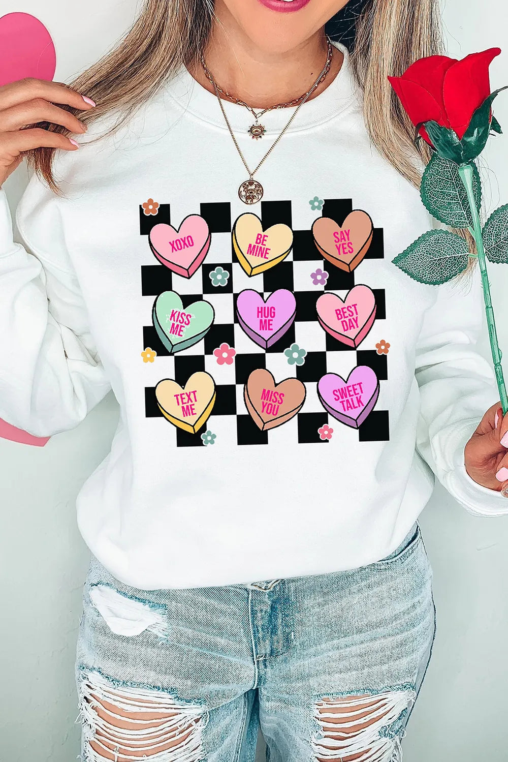 Valentine's Day Checkered Heart Long Sleeve Sweatshirt - Lilixa.store