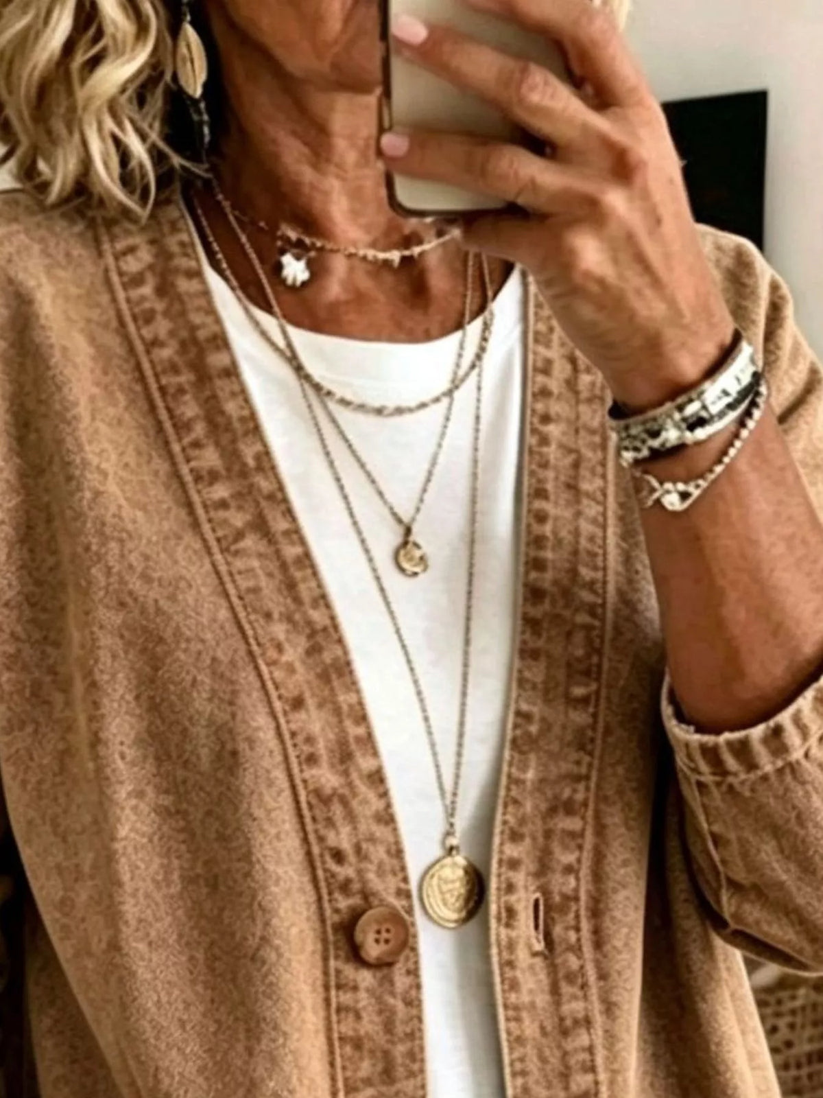 V-Neck Button-Down Denim Jacket, view 3
