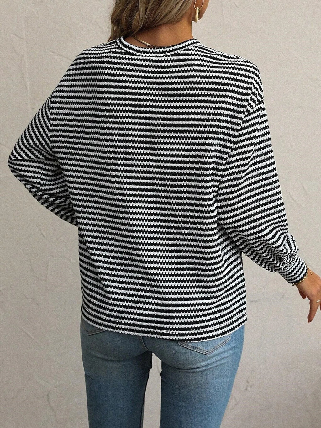 Striped Round Neck Lantern Sleeve Top - Lilixa.store